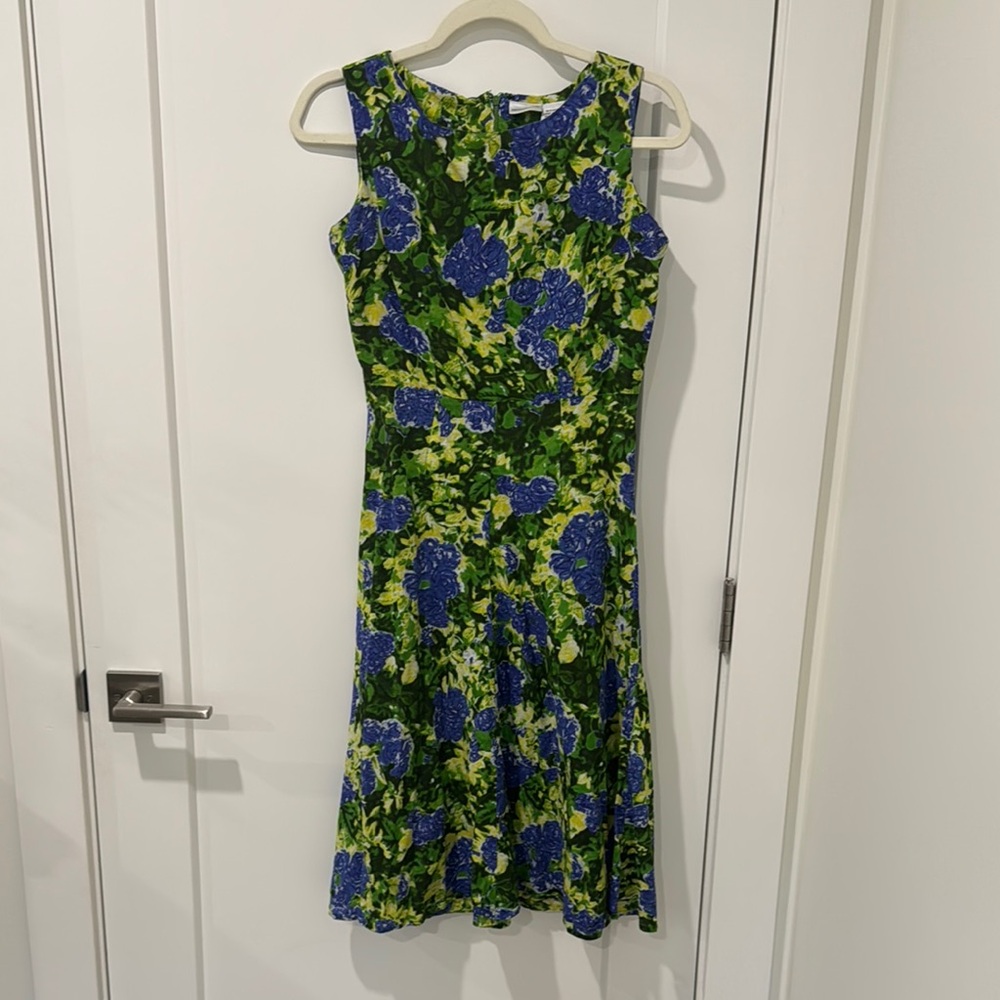 Newport News Green and Blue Fit and Flare Midi Dress 100% cotton